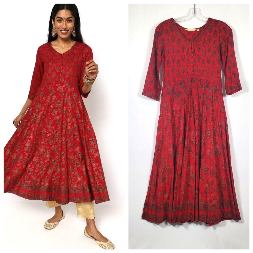 Avaasa Women’s Midi Dress XS Red Paisley Floral Boho 3/4 Sleeve Indian Kurta